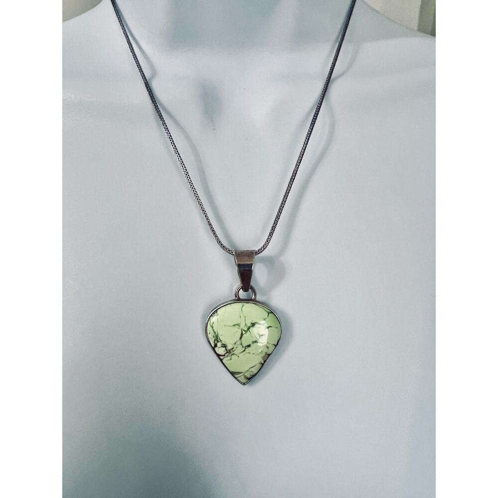 Vintage 925 Sterling Silver Green Variscite Turquoise Pendant Necklace 18”